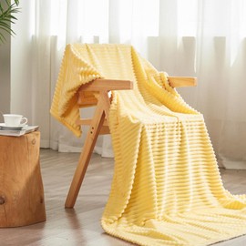 Vessia Flannel Throw Blanket with Pillow Cover for Couch,Sofa,Bed, 300GSM Striped Light Yellow Blanket Throw for Adults, Super Soft Warm Cozy Ribbed Pale Yellow Throw for All-Season(50x71inch)