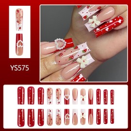 French Tip Press On Nails Long Square Fake Nails 3D Bow Heart With Strawberry Design Red False Nails Cute Acrylic Nails Full Cover Artificial Glossy Glue On Nail Stick On Nail For Women 24pcs