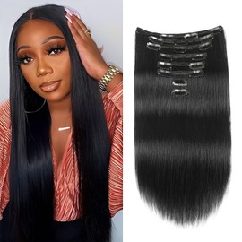 Straight Clip-In Real Hair Extensions, 8 Pieces, 120 g, Invisible Real Hair Wig Extensions, Clip-In Natural Black Clip Ins for Black Women, 16 Inches, 18 Clips