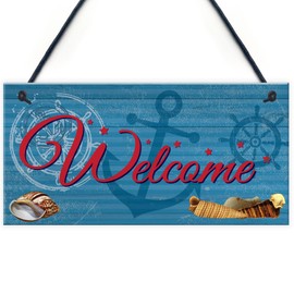 RED OCEAN Welcome Nautical Seaside Marine Themed Home Gift Hanging Plaque Bedroom Bathroom Boat Sign