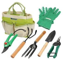 Gartenwerkzeug Set 7-TLG. Gartengeräte mit Aufbewahrungstasche, Garten Werkzeuge mit Blumenschere, Schaufel, Harke, Handgrubber, Handschuhe für Gärtnerinnen, Gärtner und Grabpflege