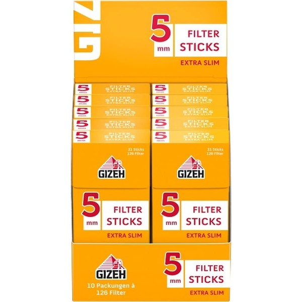 Gizeh Filter Sticks Extra Slim 5.3 mm Diameter 1 Box (10 Packs/126 Filters), Yellow
