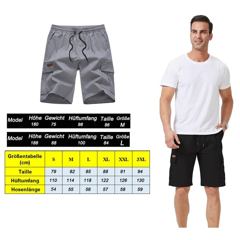 Ougelebo Men's Cargo Shorts Elastic Waist with Drawstring, black, M