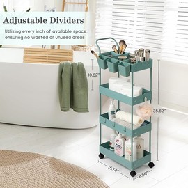 danpinera Slim Storage Cart on Wheels, 4 Tier Narrow Laundry Cart with Hooks Hanging Cups Dividers Mobile Rolling Lash Cart with Handle for Bathroom Small Spaces, Green