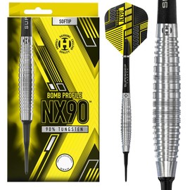 Harrows NX90 Bomb Darts Set Soft Tip I Professional Darts 90% Tungsten 21g, 23g & 25g Pro Darts I 10pc Set with Black Supergrip Midi Shafts & NX90 Flights (Bomp Shape, 20g)