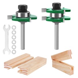 TOTOWOOD Pro Tongue and Groove Router Bit Set of 2 Pieces 1/4 Inch Shank , 3 Teeth Adjustable T Shape Wood Milling Cutter