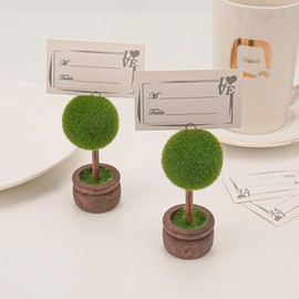 HannaFires 4PC Green Plant Style Place Card Holders – Mini Potted Plant Style Name Card Stands for Party, Artificial Topiary Cedar Ball Tree,Birthday, Office, and Eco-Friendly Decor