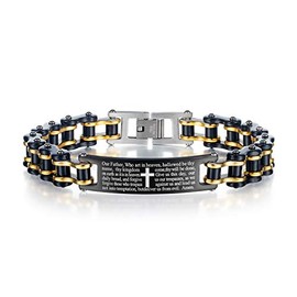 LAFATINA Mens Bible Verse Lords Prayer Cross ID Bracelets Fathers Day Christmas Easter Masculine Motorcycle Chain Bangle Bracelet with English