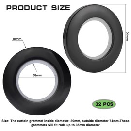 Coolty Pack of 32 Curtain Eyelet Rings Made of Plastic, Round Rings Clip 40 mm Inner Diameter Curtains Eyelets for Window Curtain, Shower Curtain, Home Accessories Decoration (Black)