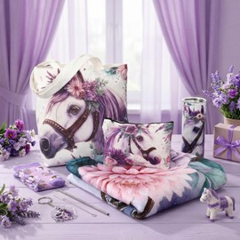 Tiangrid 6 Pcs Horse Gifts for Women Include 20 oz Stainless Steel Tumbler with Lid Straw Cosmetic Bag Throw Blanket Keychain Socks Handbag for Horse Lover