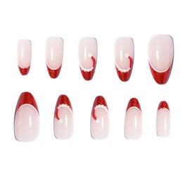 Christmas Press on Nails Medium Almond Red Glitter French Fake Nails, Xmas Santa Hat Acrylic Nails, Nude Glossy False Nails Kits Salon Quality Winter Stick Glue on Nails Tip 24 Pcs