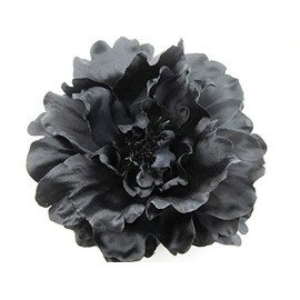 Full 6 1/2 inch Goth Black Peony Silk Flower Brooch Pin with Locking Bale