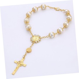 CHILDWEET Rosary Bracelet Women Girls Christian Cross Jewelry Artificial Pearl Alloy Bracelet