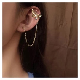 Inilbran Boho Butterfly Chain Cuff Wrap Earring Double Butterfly Tassel Chain Earrings Gold Butterfly Ear Cuff Climber Earrings Vintage Butterfly Cartilage Chain Earrings