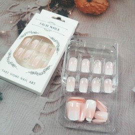 White Gradient Press on Nails 24Pcs Gel Glue on Nails for Manicure Art. Glossy Ombre Short Square Acrylic False Nails With Rhinestones Design. Crystal Full Cover Fake Nails Stick on Nails for Women