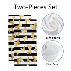 Hand Bath Towels for Bathroom Set of 2 Gold Glitter Butterflies Black Stripe Shower Towel Water Absorbent Soft Microfiber Face Body Towel Kitchen Gym Spa Salon 30x15Inches