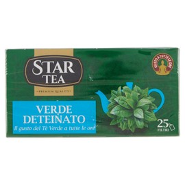 Tè STAR Tea Verde Deteinato contiene 25 filtri, miscela pregiata, gusto tradizionale, senza teina. Perfetto per una piacevole pausa da soli o in compagnia.