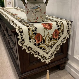 MULBESS Vintage Floral Cutwork Embroidered Table Runner for Party Wedding Shower Kitchen Outdoor, Rectangle Dresser Scarf Table Decorations, Polyester, 16 x 59 Inch