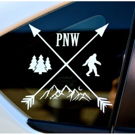 Byzee PNW Bigfoot Decal | Mountain & Pine Tree Vinyl Sticker | White 5.5" Crossed Arrows Graphic for Vehicle/Laptop Computer