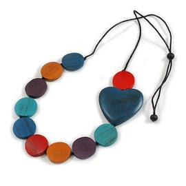 Multicoloured Wooden Coin Bead and Heart Black Cotton Cord Long Necklace/ 92cm Max Length/Adjustable