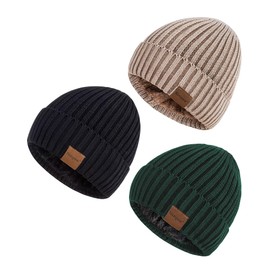 Nertpow Mens Beanie Hats 3 Pack, Winter Hats for Men Women Warm Thermal Fleece Lined, Thick Knit Fashion Skull Cap Cuffed Beanie for Guys (Color-07)