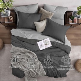 Monbix King Size Comforter Set, Dark Grey, 7 Pieces, Reversible, Cationic Dyeing Bed in a Bag with Comforter, Sheets, Pillowcases & Shams