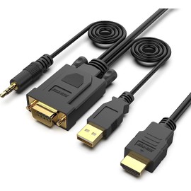 VGA to HDMI Cable, Display Port to VGA Adapter, Gold-Plated 1080P Video with Audio Support Connects from Desktop or Laptop Compatible for PC, Monitor, Projector, and other devices.