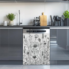 Poppy Flowers Dishwasher Magnet Cover,Plant Herbs Black and White Reuseable Refrigerator Magnet Cover Decal Fridge Hoilday Party Decor, 23 x 26 Inch
