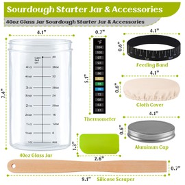 Sourdough Starter Jar - 40oz Sourdough Starter Kit with Thermometer, Feeding Band, Cloth Cover, Silicone Scraper and Metal Lid - Sourdough Bread Baking Supplies
