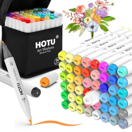 HOTU Alcohol Markers Brush Tip - 50 Colors Dual Tip Markers, Brush & Fine Alcohol-based Art Marker Set for Kids Adults Coloring Illustration, Alcohol Sketch Pens with Carrying Case, Non-Bleeding Pad