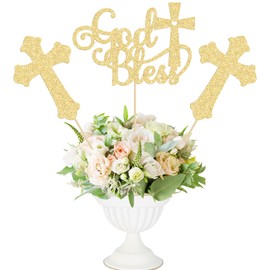 Gyufise 12Pcs God Bless and Cross Centerpiece Sticks Double Sided Cross God Bless Table Flower Centerpieces Sticks First Communion Baptism Decorations for God Bless Theme Party Supplies Gold