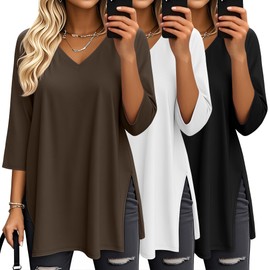 Huukeay 3 Pack Women's 3/4 Sleeve Oversized T-Shirts V Neck Knit Workout Casual Tunic Tops Side Split Loose Basic Tees(Black, White, Brown,X-Large)