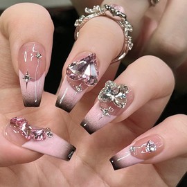 Nail Tip, Long Nail Tip, 24 Pieces, Japanese Style, Dreamy, Glitter, Nail Tip, Long, Pink, Gal, Shiny, Bride, 3D, Fake Nails, Handmade Nail Tip, Korea, Popular, Stylish, Gel Nail Stickers, Coming of