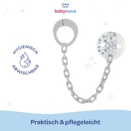 babynova Dummy Chain with Clip, Set of 2, Dummy Holder Compatible with Dummies with Ring, Pram Accessories, BPA-Free, Blue Dots