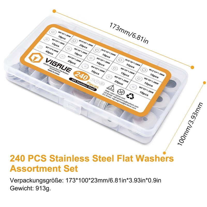 VIGRUE 240-Piece Flat Washer Set, Washers Assortment 7 Sizes M3
