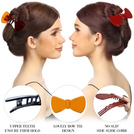 RC ROCHE ORNAMENT 6 Pcs Womens French Barrette Cute Flat Ribbon Bow Styling Strong Hold Firm Grip Teeth Side Slide Beauty Fashion Accessory Plastic Hair Clips Clamp, Medium Classic Multicolor
