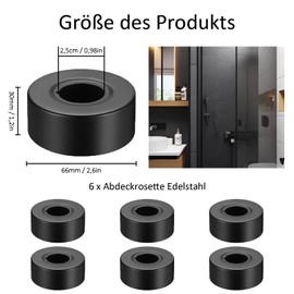 Cover Rosette Stainless Steel, 30 mm Cover Rosette Black, Pack of 6 Pipe Covers, Stainless Steel, Rosette Tap Pipe Cover, Rosette Black, Rosette Tap, for Shower Taps, Taps