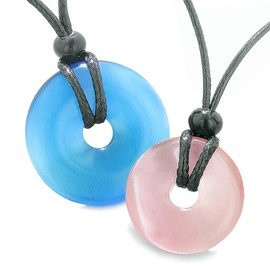 Large and Small Lucky Coin Donuts Amulets Love Couples Sky Blue Pink Simulated Cats Eye Charms Necklaces
