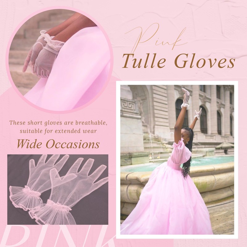 YAEISM Short Pink Gloves Sheer Silk Tulle Wedding Gloves Elegant