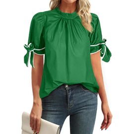 Cicy Bell Womens Summer Bow Puff Sleeve Blouse Dressy Casual Pleated Cotton Tops Mock Neck Loose Fit Shirts Green