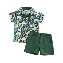 ESSECMBS Toddler Baby Boys Summer Cute Dinosaur Clothing Set 2 Pieces Short Sleeve Lapel Collar Button-Down Shirts Blouse Plain Shorts Boys Gentleman Clothing, Dark Green 1