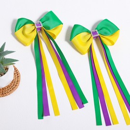 Miroksh Girls Mardi Gras Long Ribbon Bow Hair Clips Kids Green Purple Yellow Fat Tuesday Cheer Bow Alligator Barrettes Carvinal Parade Outfit Costume Decoration Stuff Party Gift for Women