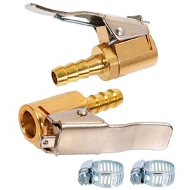 Toolwiz Lock on Air Chuck Inflate Locking with Clip, 1/4 Inch Brass Portable Tire Inflator Nozzle Presta Valve Adapter Tire Chucks Air Compressor Attatchments Hose End with Barb Connector,2pcs