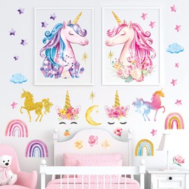 DECOWALL DS-8049 Magical Unicorns Wall Decals Stickers Kids Peel and Stick Removable Nursery décor Girls Bedroom Room Rainbow Name Art Stars Birthday Baby Home Party Decorations Living playroom