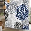 Boho Dahlia Flowers Shower Curtain Black Indigo Blue and Grey