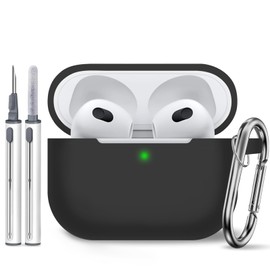 Woyinger for AirPods 3 Case Cover,Come with Cleaner Kit,Soft Skin Silicone Case Cover with Keychain,Full Protective Case for Men and Women,Compatible with AirPods 3rd Generation Case,Black