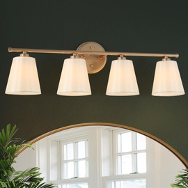 KSANA Large Bathroom Light Fixtures, 4-Light Modern Gold Vanity Lights Over Mirror White Fabric Shade Bathroom Vanity Lighting for Bedroom, Kitchen, Hallway