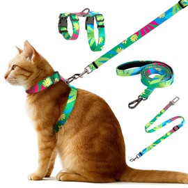 Cat Harness and Leash Set, Anti Escape Adjustable Cat Leash, Comfortable Soft Lightweight, Use Safe & Easy, Suitable for Small, Walking Kitten Harness for Large Medium Small Cats, Hawaii Green