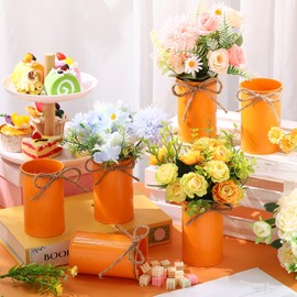 Domensi 4.33 Inch Petite Farmhouse Vase Decor Vintage Flower Vase with Twine Bow Rustic Galvanized Metal Buckets for Artificial Flowers for Table Centerpiece Weddings(Orange,12 Pcs)