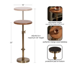 Kate and Laurel Engles Modern Adjustable-Height Pedestal Drink Table; 10 x 10 x 30; Walnut Brown and Brass; Mid-Century Round Indoor Metal Plant Stand with Solid Wood Tabletop